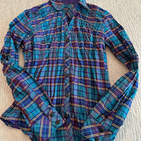 Beluga Iridescent Scrunch Plaid Button Down Shirt - Blue and Purple Y2K - Picture 1 of 6